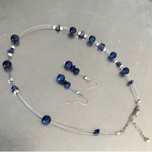 Blue beaded necklace and earring set